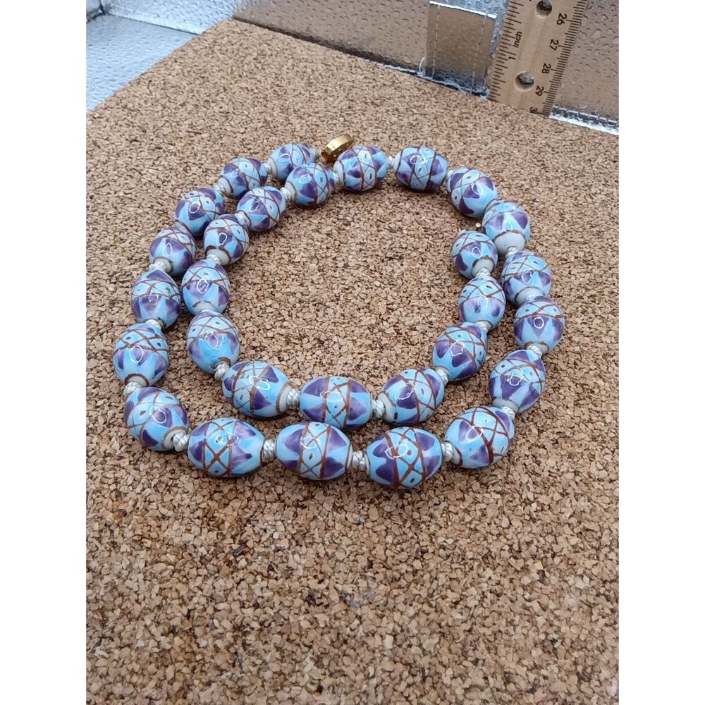 Vintage Chinese Hand Painted 17mm Porcelain Bead Necklace Blue Purple 24"